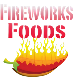 Fireworks Foods Brand Logo Fireworks Foods logo with chili and flames representing spicy food products and flavors
